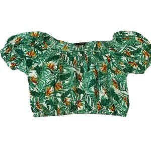 Taxi Green and White Tropical Floral Cropped Peasant top size Medium
